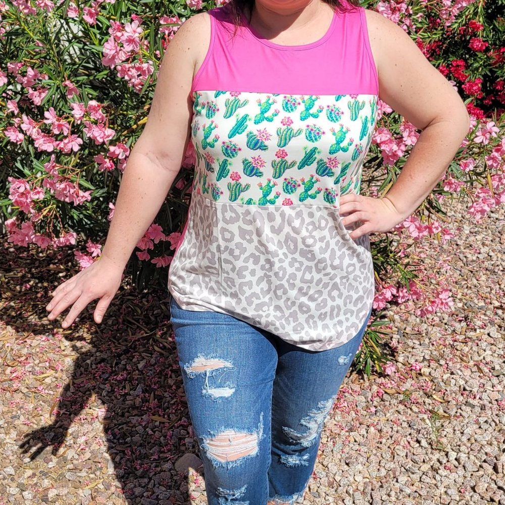 Cactus & Leopard Sleeveless Tank Top - Pink & Green - Crazy Train - SMALL